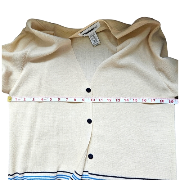 Jones&Co wool blend ivory tunic cardigan navy red striped bottom side slit L - Picture 12 of 15